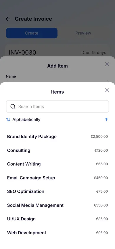 Build an invoice in a few taps